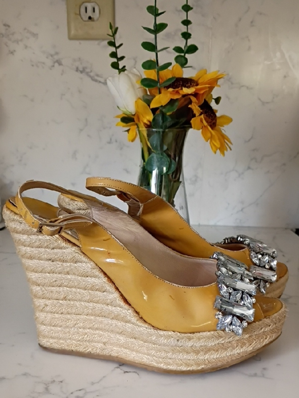 JIMMY CHOO Women’s Yellow Wedge Slingback Sandals with Jeweled Toe